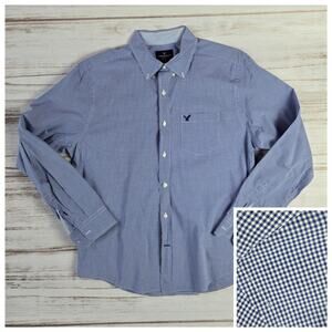 American Eagle Classic Fit blue and White Small Gingham Button Down Shirt sz L